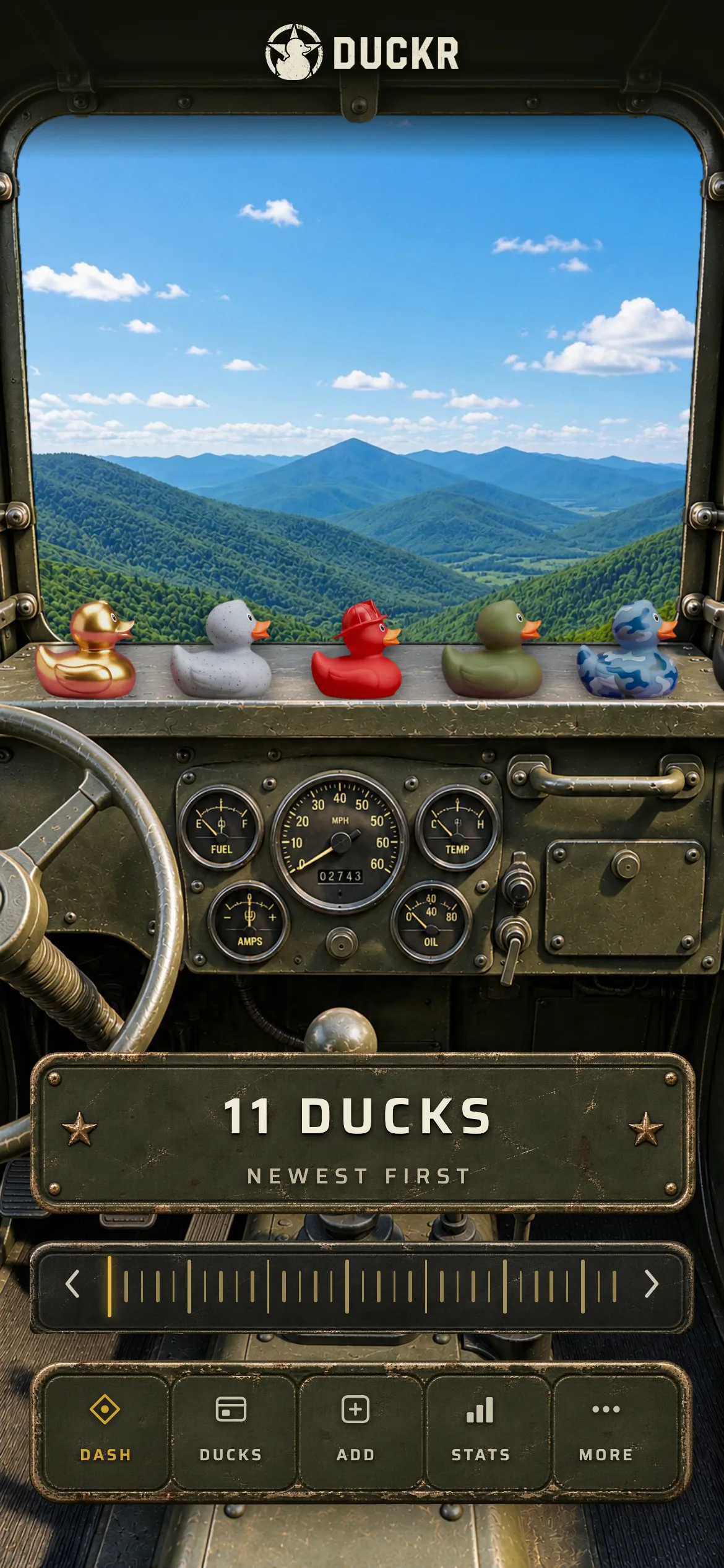 The Dash view, ducks lined up on the dashboard